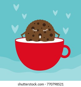 Vector cartoons of comic characters glass of milk and cookies. Friends forever. Breakfast