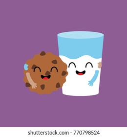 Vector cartoons of comic characters glass of milk and cookies. Friends forever. Breakfast