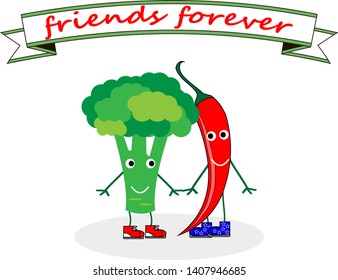 vector cartoons of comic characters red hot chilli pepper and broccoli.illustration with slogan friends forever for t-shirt print, greeting card design and other uses