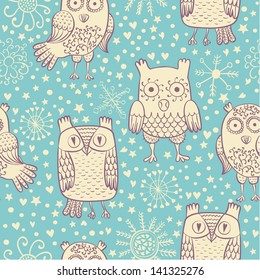 Vector cartoons owl seamless pattern