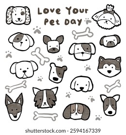Vector cartoon-style dog faces, paw prints, and bones celebrating Love Your Pet Day with a cute and playful design, ideal for pet-related promotions or decorations