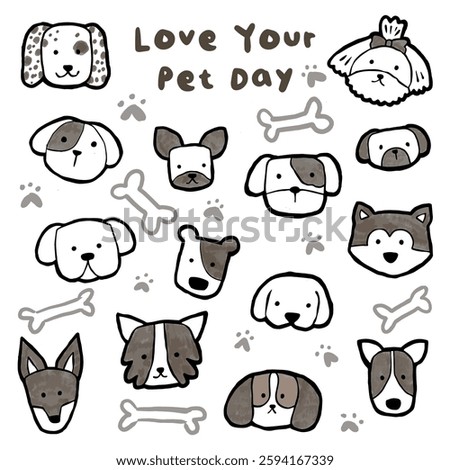 Vector cartoon-style dog faces, paw prints, and bones celebrating Love Your Pet Day with a cute and playful design, ideal for pet-related promotions or decorations