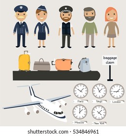 Vector. Cartoon-style. Employees of the airport. The plane, Luggage and other attributes.