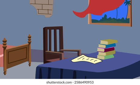 Vector cartoon-style illustration of the bedroom. bedroom with book, window, wooden table.