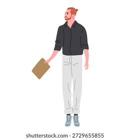 Vector Cartoon-style illustration of man with red hair and beard holding brown folder. He wearing black shirt and gray pants. Student or businessman in fashionable clothes stands tall.