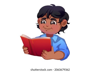 Ilustración vectorial al estilo de las caricaturas sobre un aislado fondo blanco de un aprendizaje infantil indio. Niña india, estudiante leyendo un libro estudiando. Enseñando a un estudiante indio