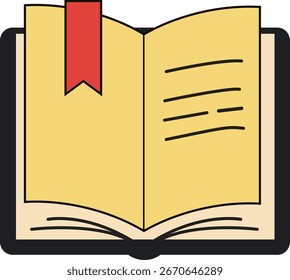 Libro abierto de estilo de dibujos animados de Vector con un marcador rojo. Perfecto para la educación, la Biblioteca o los diseños con temas de alfabetización.