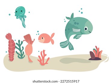 Vector cartoon-style reef illustration featuring vibrant colors, coral, fish, and seaweed. Ideal for use in children's designs and ocean-themed projects