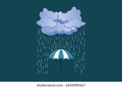Vector cartoon-style umbrella in rain, flat pastel illustration of rainy weather concept for children’s storybooks, baby prints, and seasonal graphic design

