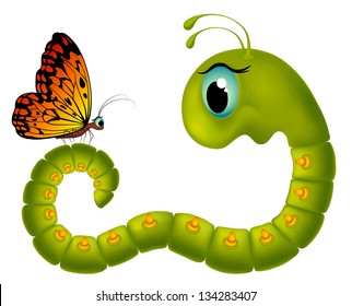 Vector cartoony goggle-eyed caterpillar looking at a butterfly on a white background