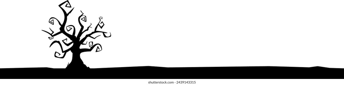 Vector Cartoony Spooky Halloween Scene Black Tree Silhouette Overlay on Transparent Background