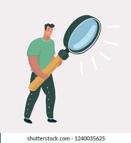 Vector cartooon illustration of man with big magnifying glass. Search for information and investigation, data analysis and research, investigation concept. Isolated on white background.