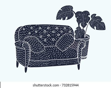 Vector cartroon illustration of sofa black silhouette on wooden legs. Monstera plant in pot in black and white colors. Isolated object on white background