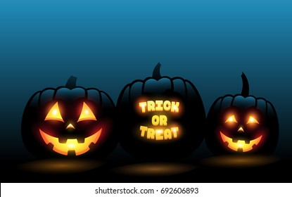 Vector carved jack o lantern pumpkins in front of blue gradient halloween background