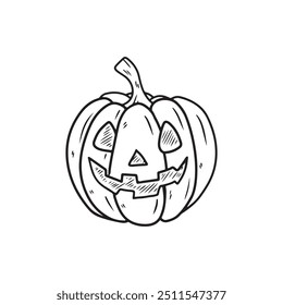 Vector tallado jack-o-lantern con ojos triangulares, nariz y sonrisa dentada para Feliz Halloween en negro sobre blanco. Dibujado a mano ilustración de boceto de Vector en estilo de arte de línea vintage grabado doodle