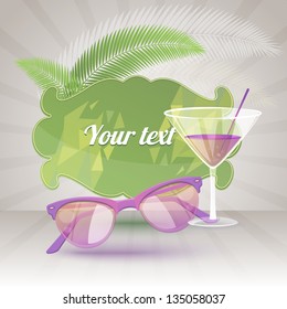 Vector carved label with place for text, sunglasses, cocktail and palm leaves on sunshine background