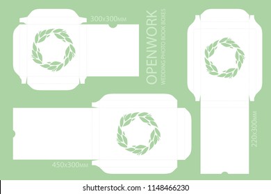 Vector carved wedding photobook boxes for laser cutting. Template photobook boxes with eucalyptus leaves. Photobook with standart proportions