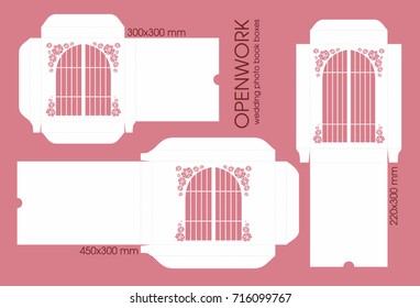 Vector carved wedding photobook boxes for laser cutting. Template photobook boxes with roses and decorative elements. Photobook with standart proportions