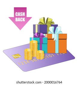 Vector cash back 3d icon , money saving vector concept with coins, credit card, gift box and arrows, isolated on white background . Cashback or money refund sticker.