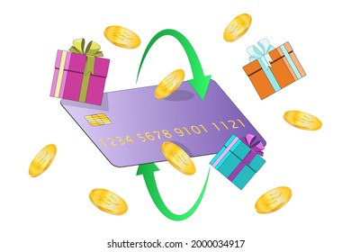 Icono de retorno de efectivo vectorial 3d , concepto vectorial de ahorro de dinero con monedas de oro, tarjeta de crédito, flechas, caja de regalo aislada en fondo blanco . Cashback, programa de lealtad o etiqueta de reembolso de dinero.