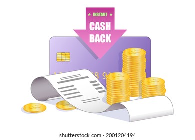 Icono de retroceso de efectivo vectorial 3d , concepto vectorial de ahorro de dinero con monedas, tarjeta de crédito, recibo y flecha, aislado en fondo blanco . Pegatina de devolución de dinero o de reembolso de dinero.