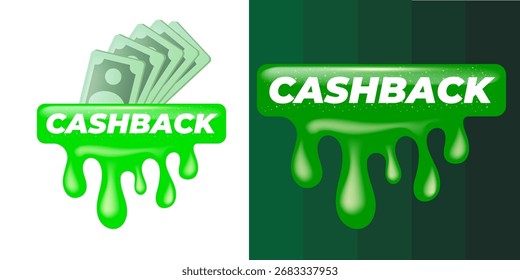 Vektor-Cash-Back-grünes Symbol einzeln auf weißem Hintergrund. CASHBACK glänzende Banner Design-Vorlage mit Papiergeld. Geschäftsmarketingsymbol