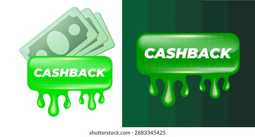 Vector de dinero en efectivo icono verde aislado sobre fondo blanco. CASHBACK Plantilla de diseño de Anuncio brillante con papel moneda. Icono de marketing empresarial
