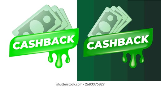 Vector de dinero en efectivo icono verde aislado sobre fondo blanco. CASHBACK Plantilla de diseño de Anuncio brillante con papel moneda. Icono de marketing empresarial