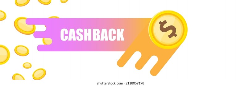 vector cash back horizontal banner design template with cash back icon and coins isolated on white background. cashback or money refund label horizontal banner