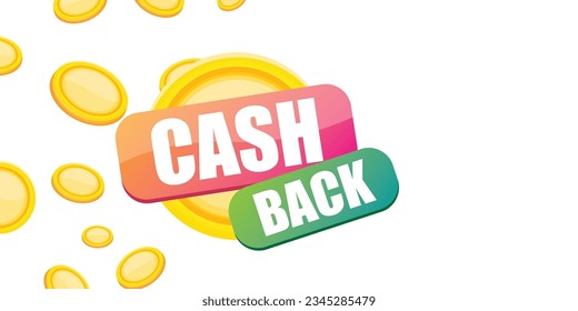 plantilla de diseño de banner horizontal de retorno de efectivo vectorial con icono de cashback y monedas aisladas en fondo blanco. banner horizontal de la etiqueta de devolución de efectivo o devolución de dinero. Insignia de devolución de efectivo