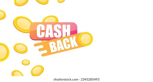 plantilla de diseño de banner horizontal de retorno de efectivo vectorial con icono de cashback y monedas aisladas en fondo blanco. banner horizontal de la etiqueta de devolución de efectivo o devolución de dinero. Insignia de devolución de efectivo
