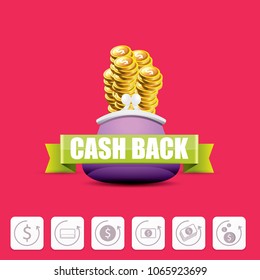 vector cash back icon with coins and wallet isolated on pink background. cashback or money refund label or icon set