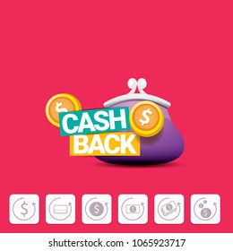 vector cash back icon with coins and wallet isolated on pink background. cashback or money refund label or icon set