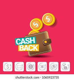 vector cash back icon with coins and wallet isolated on pink background. cashback or money refund label or icon set