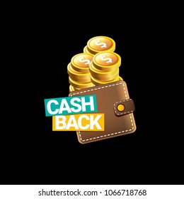 vector cash back icon with coins and wallet isolated on black background. cashback or money refund label or icon 