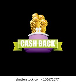 vector cash back icon with coins and wallet isolated on black background. cashback or money refund label or icon 