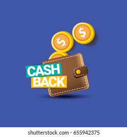 Vector Cash Back Icon With Coins And Wallet Isolated On Blue Background. Cashback Or Money Refund Label