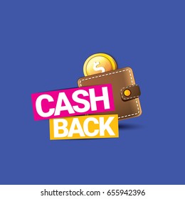 vector cash back icon with coins and wallet isolated on blue background. cashback or money refund label