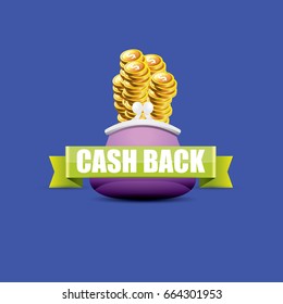 vector cash back icon with coins and wallet isolated on blue background. cashback or money refund label