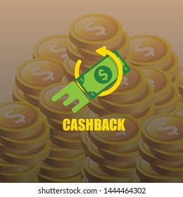 vector cash back icon with dollar isolated on money stack background. cashback or money refund label or logo 