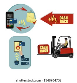 Vector cash back icon with golden coins and wallet,  commerce or transfer payments mobile apps  isolated on white background. Cashback or money refund label. Emblem cash back. 