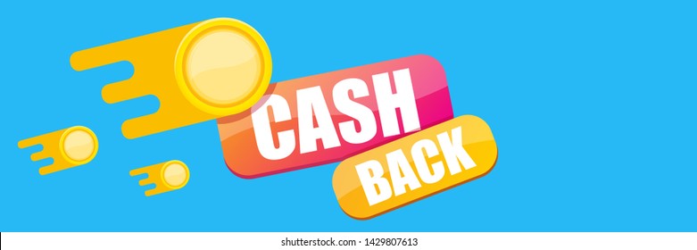vector cash back icon with golden coins isolated on blue horizontal background. cashback or money refund label horizontal banner