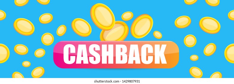 vector cash back icon with golden coins isolated on blue horizontal background. cashback or money refund label horizontal banner