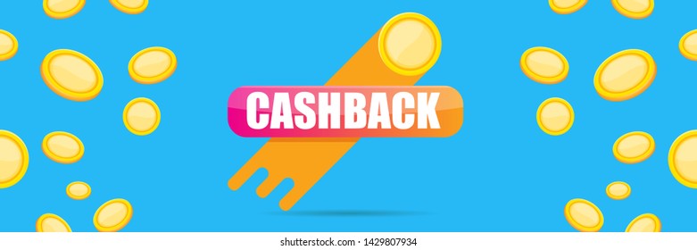vector cash back icon with golden coins isolated on blue horizontal background. cashback or money refund label horizontal banner