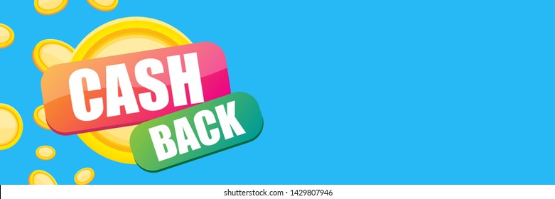 vector cash back icon with golden coins isolated on blue horizontal background. cashback or money refund label horizontal banner