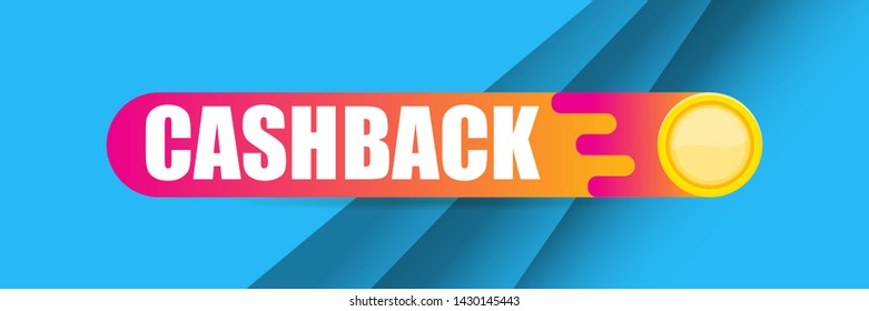 vector cash back icon with golden coins isolated on blue horizontal background. cashback or money refund label horizontal banner