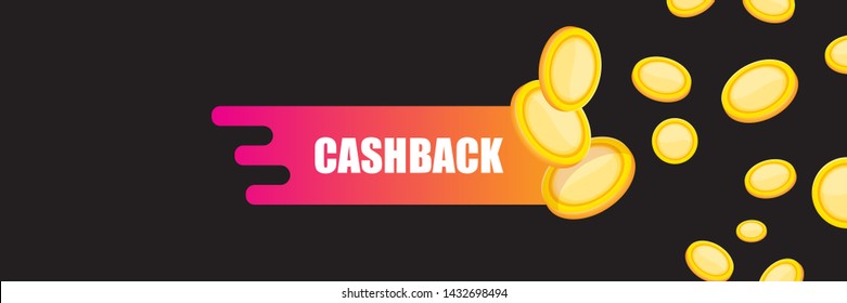 vector cash back icon with golden coins isolated on black horizontal background. cashback or money refund label horizontal banner