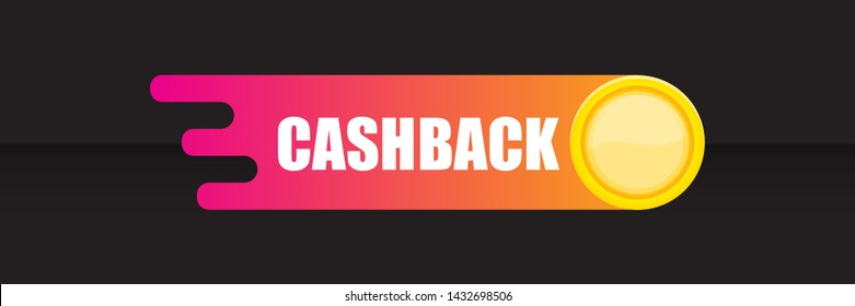 vector cash back icon with golden coins isolated on black horizontal background. cashback or money refund label horizontal banner