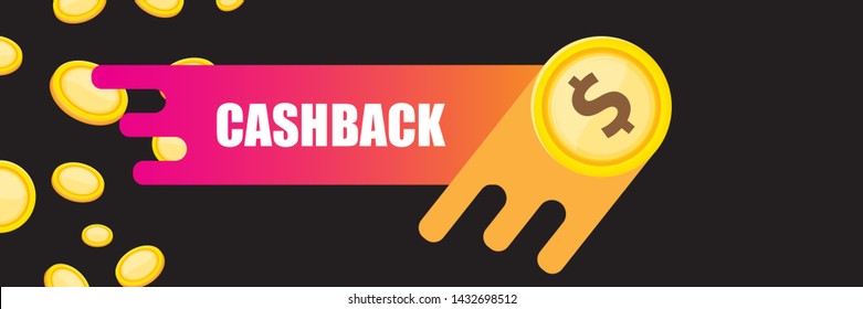 vector cash back icon with golden coins isolated on black horizontal background. cashback or money refund label horizontal banner