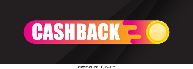vector cash back icon with golden coins isolated on black horizontal background. cashback or money refund label horizontal banner